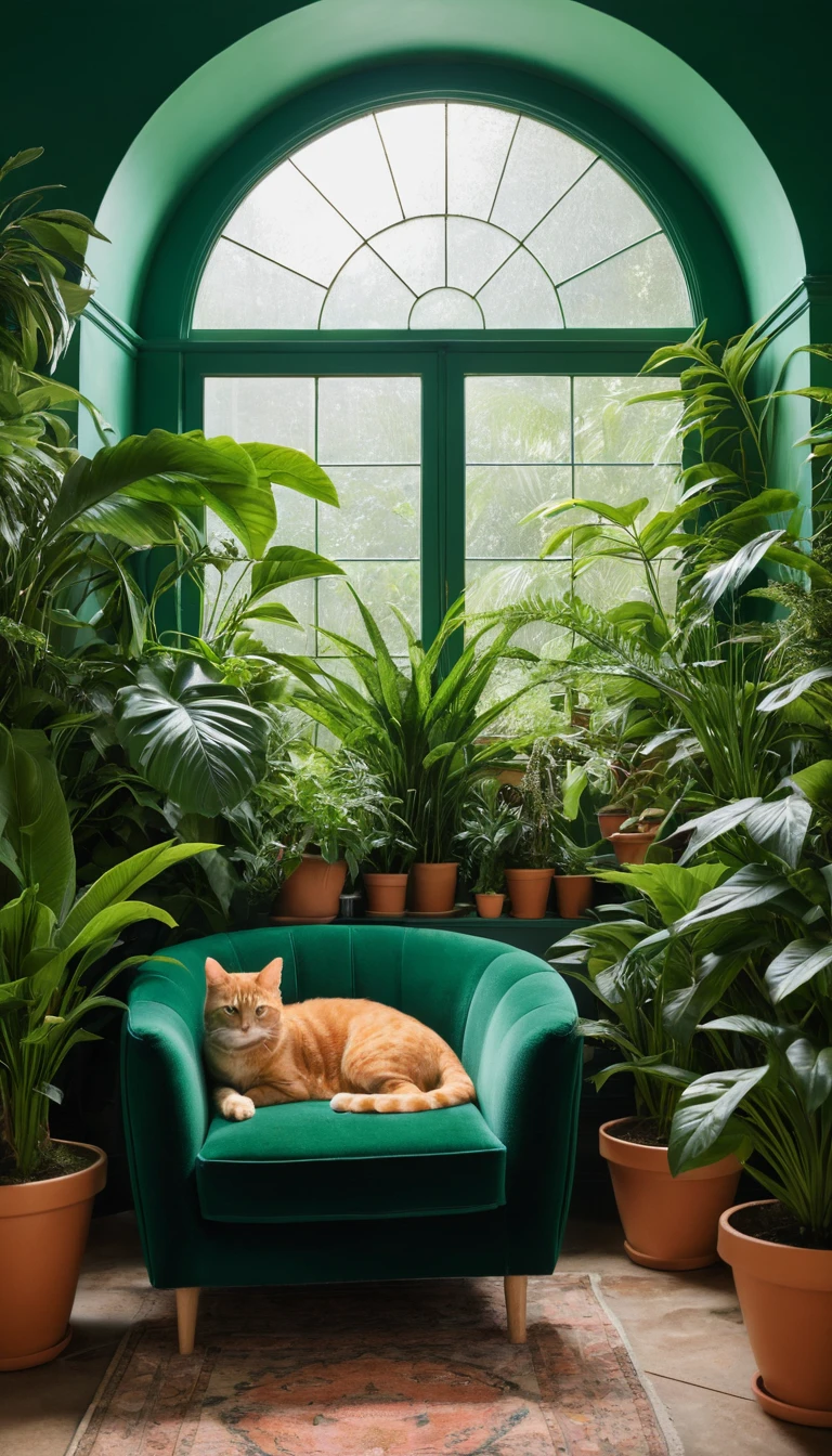 Gato atigrado naranja en sillón verde en habitación llena de plantas