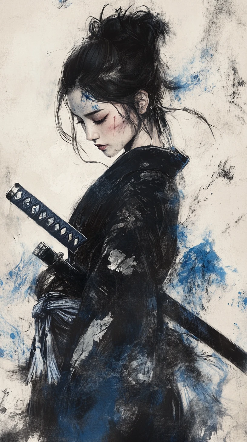 Samurai japonesa com katana em pintura em tinta contemplativa