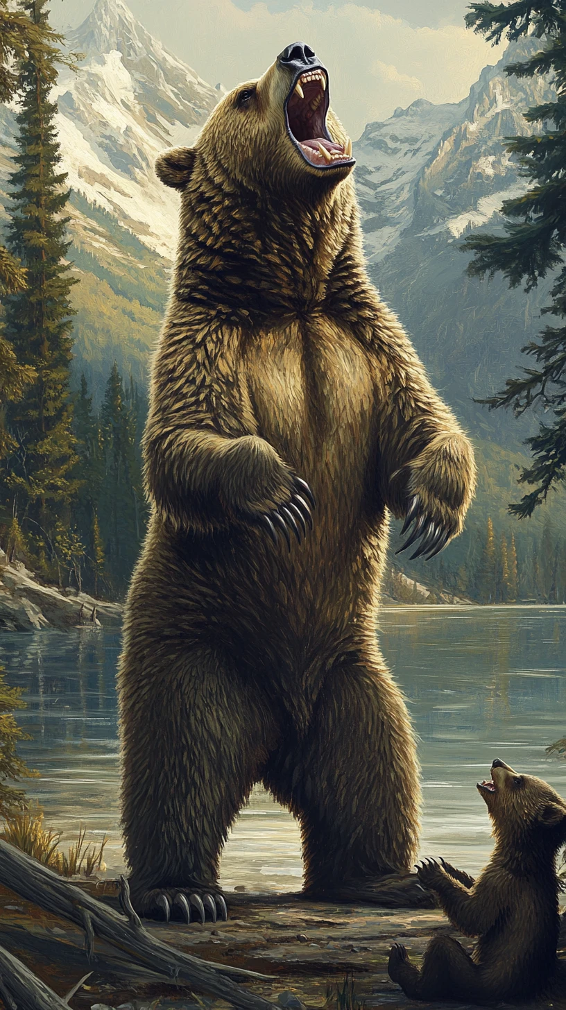 Roaring grizzly bear towering over a forest clearing