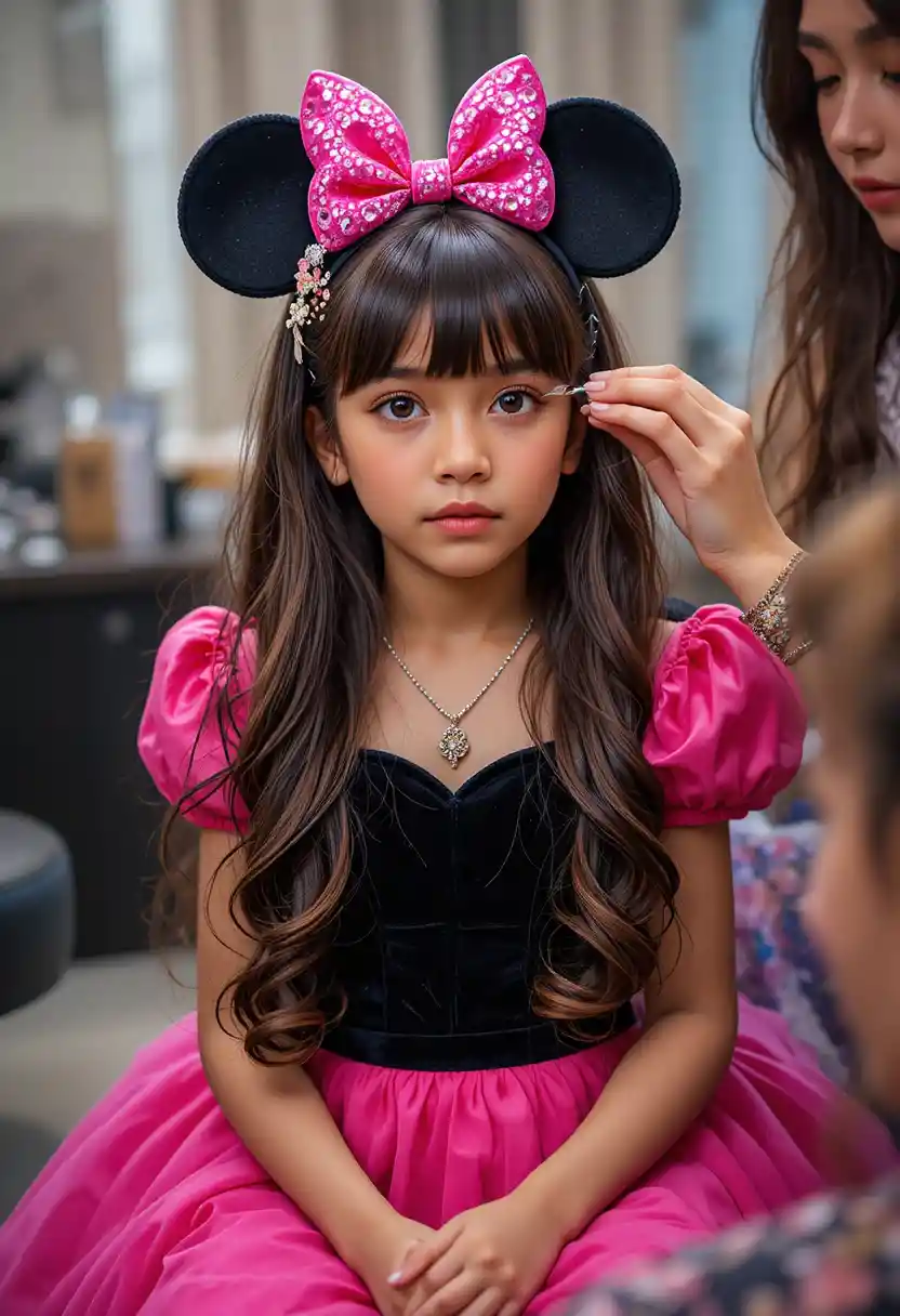 Young boy in pink dress getting makeup applied nervously