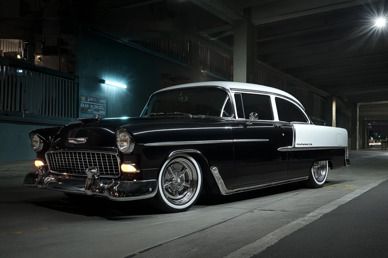 Classic black and white lowrider Bell Air parked with chrome details