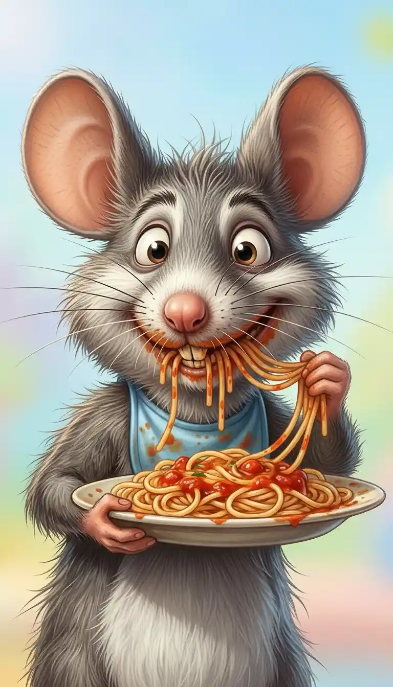 Rato de desenho animado devorando espaguete em fundo em tons pastéis