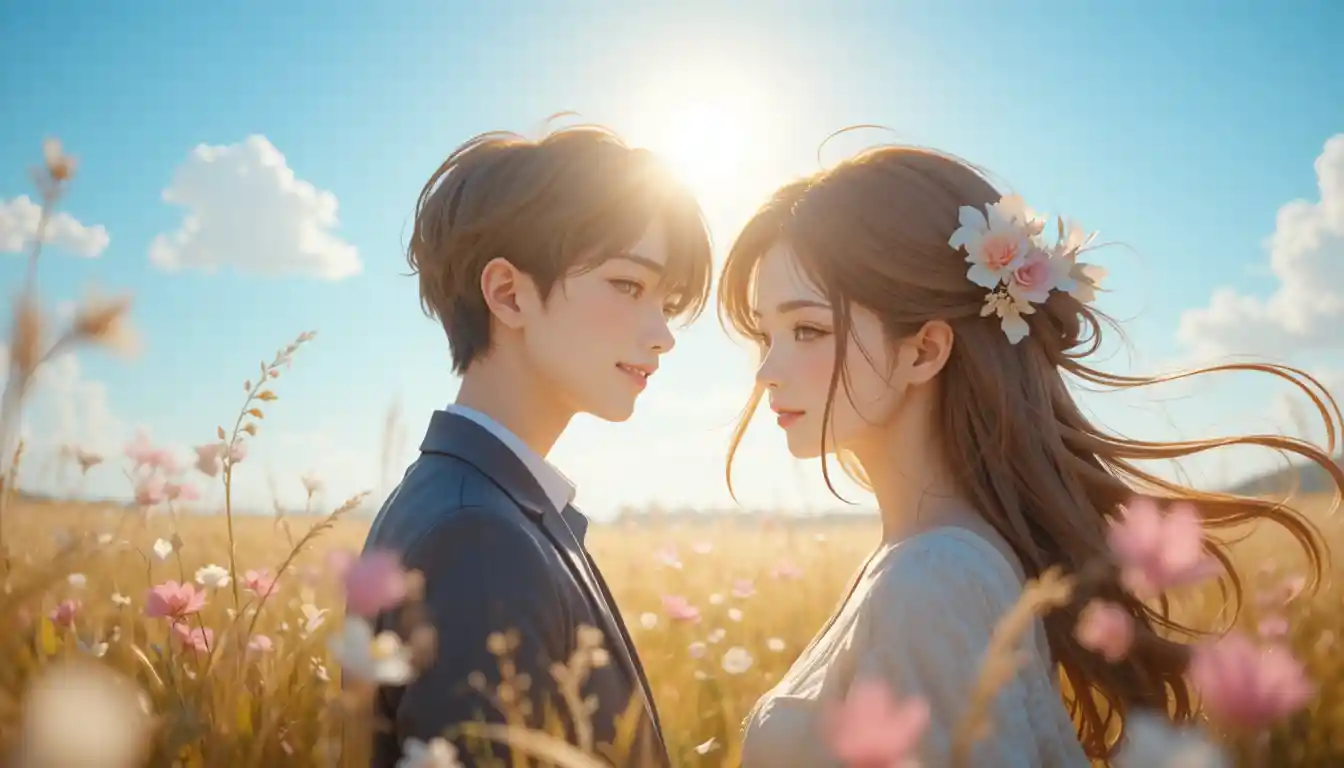 Anime couple smiling in a sunny open field