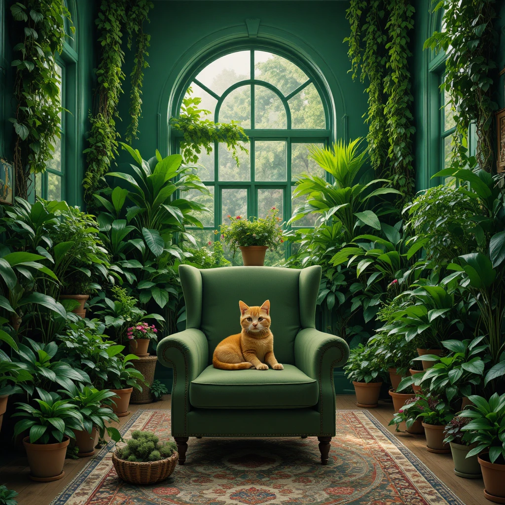 Gato laranja malhado descansando em poltrona verde em quarto estilo selva