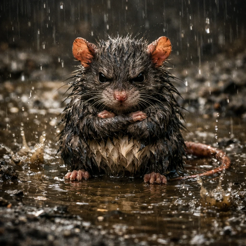 Rat mouillé et grognon assis dans une flaque de pluie boueuse