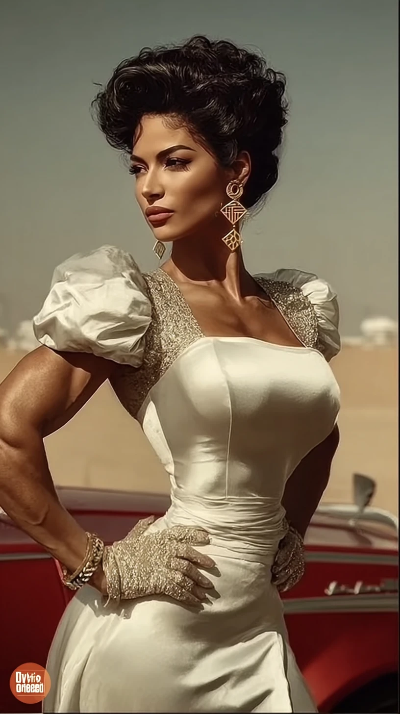 Muscular Middle Eastern woman posing in a white dress