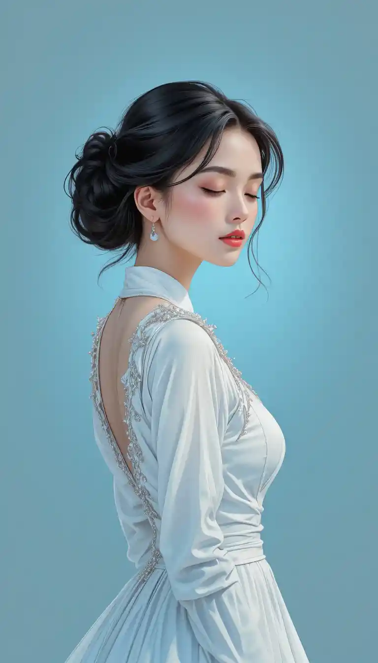 Elegant young woman in white dress with serene closed eyes