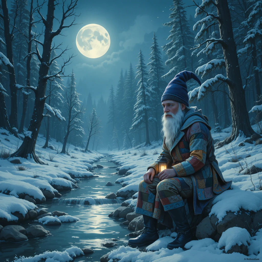 Gnome contemplatif près d’un ruisseau gelé dans une forêt hivernale
