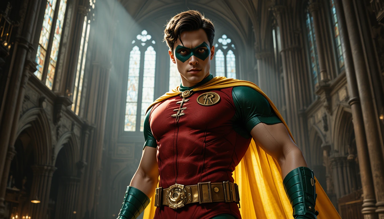 Herói mascarado musculoso posando em uma catedral gótica