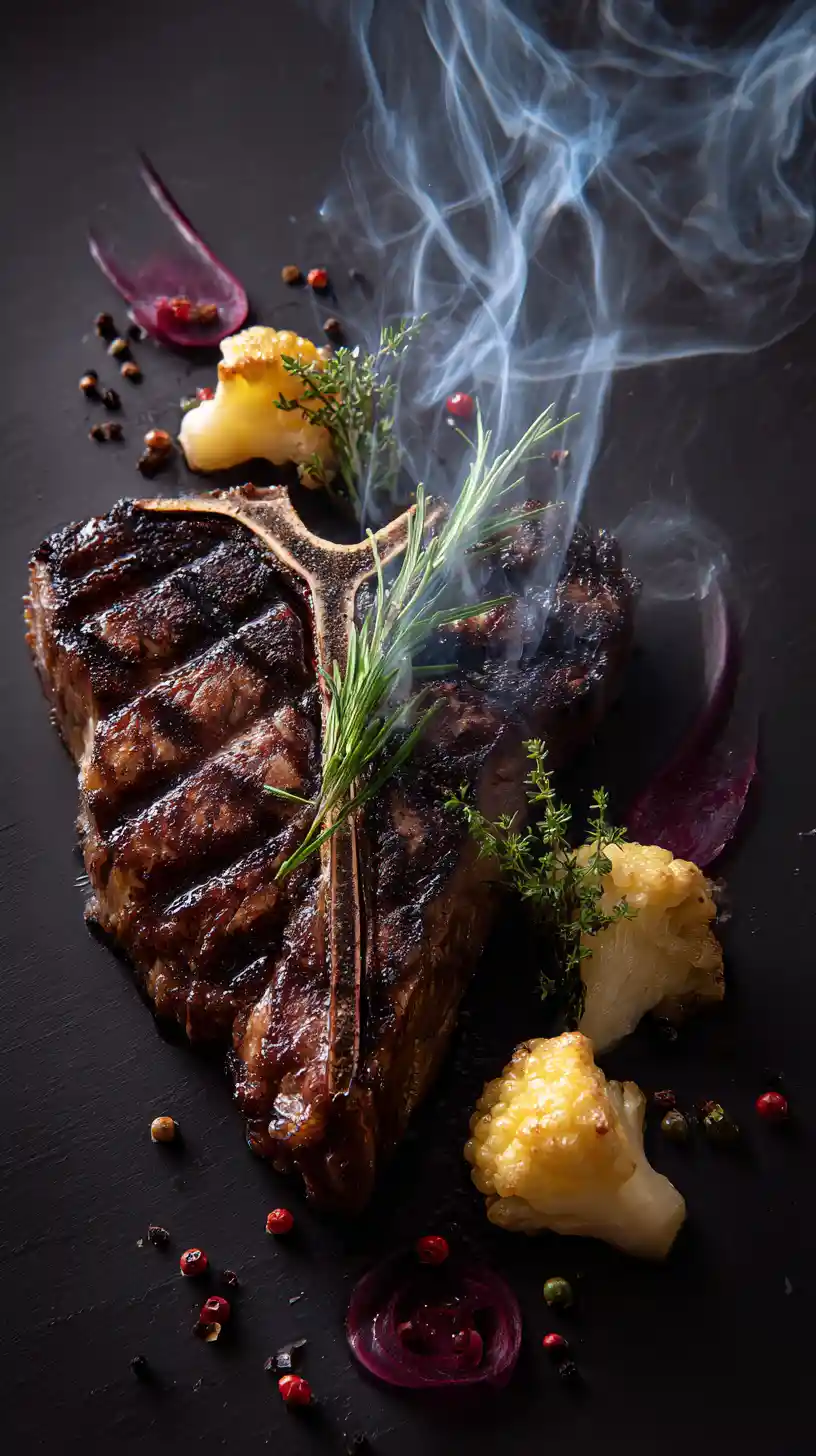 Bistecca T-bone al sangue medio impiattata in stile fine dining