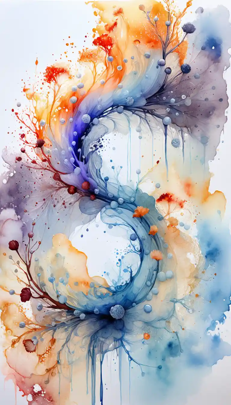 Abstrakter Aquarellwirbel mit botanischen Tinten-Details