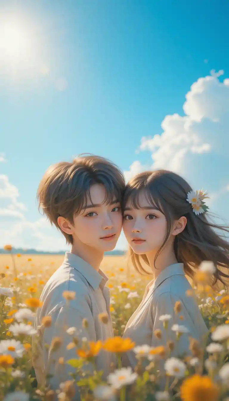Casal de anime sorrindo em um campo ensolarado na hora dourada