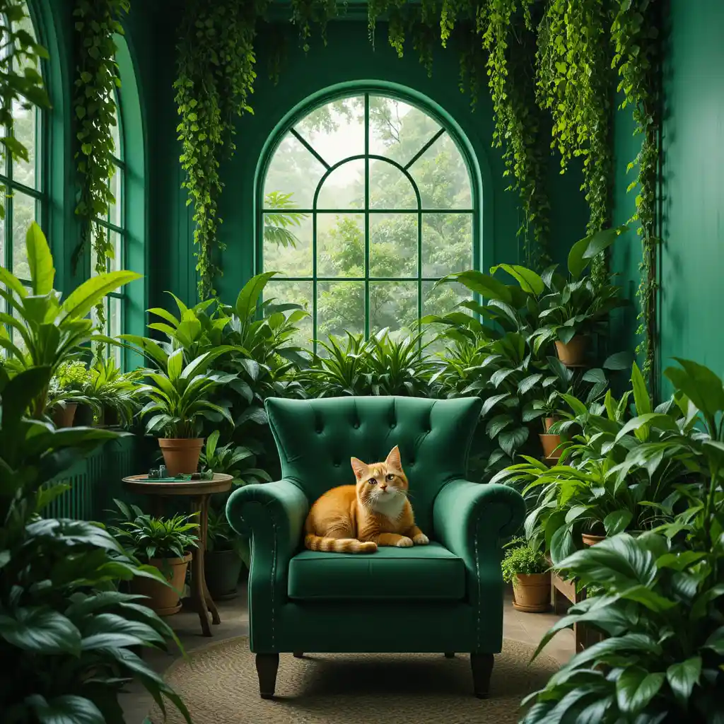 Gato laranja malhado relaxando em uma poltrona verde em quarto estilo selva