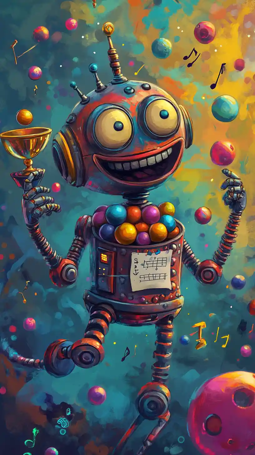 Cheerful cartoon robot with trophy and floating music notes