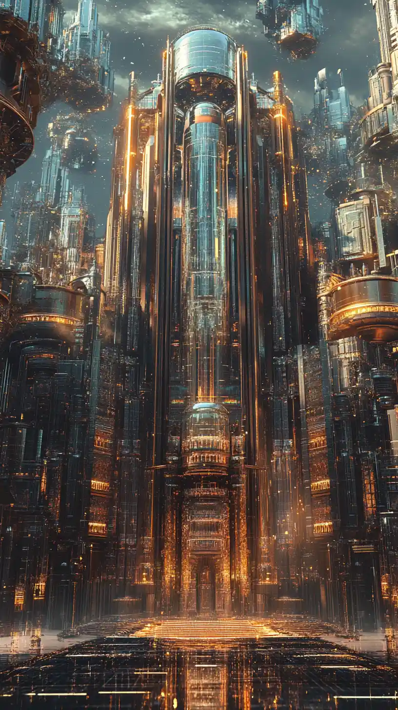 Palácio de Vidro Futurista Erguendo-se Sobre uma Cidade Moderna
