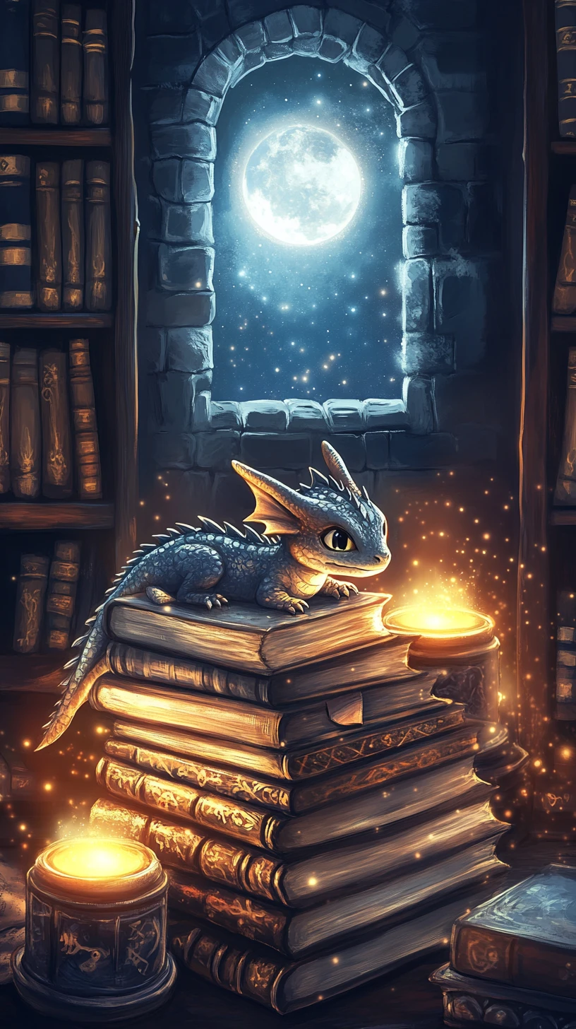 Pequeno dragão descansando em grimórios brilhantes na biblioteca de um mago