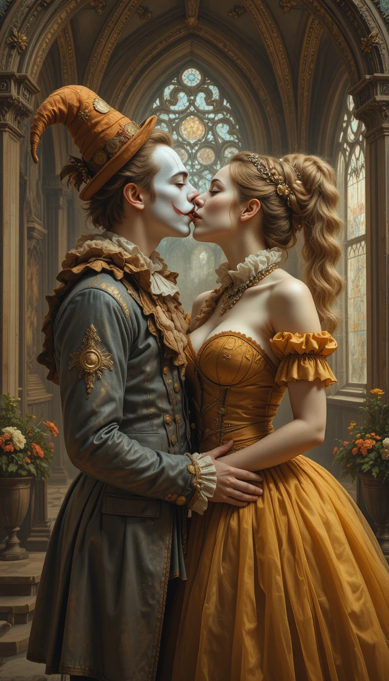 Palhaços românticos se beijando em uma pintura de castelo em tons quentes