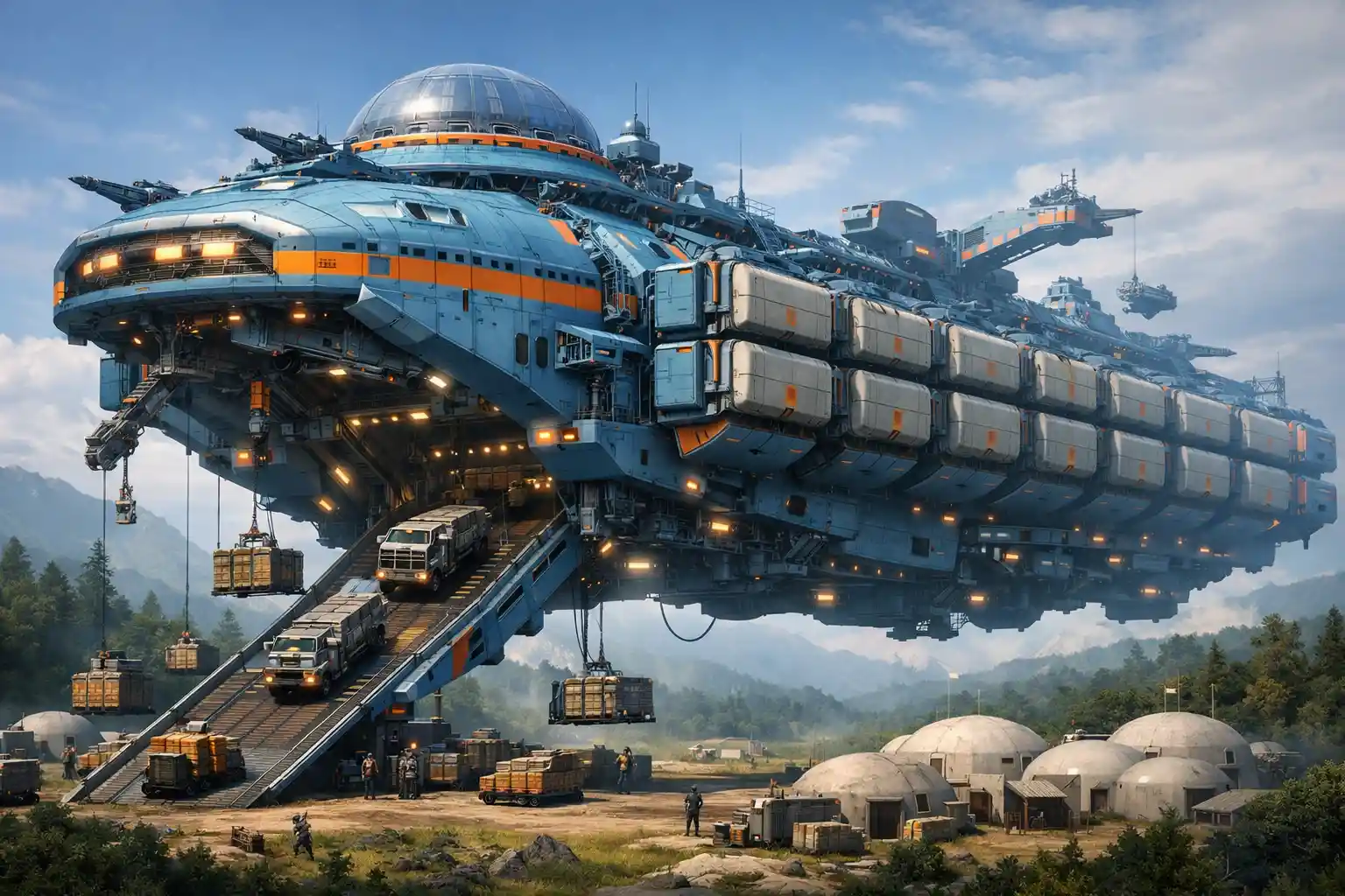 Gigantic Modular Cargo Starship Above Remote Forest Village