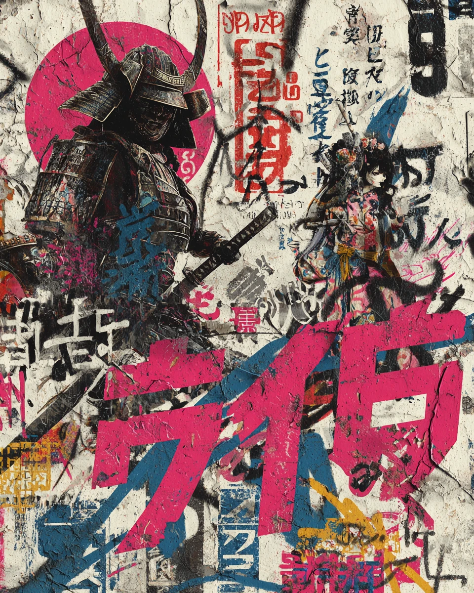 Poster samurai retrofuturista nel paesaggio urbano punk di Tokyo