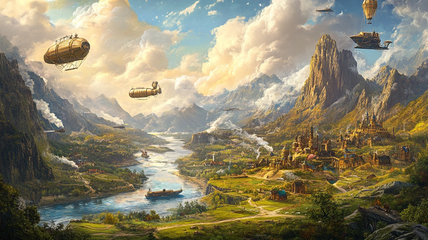 Dirigíveis Steampunk Sobre uma Cidade Fantasia em Vale de Rio