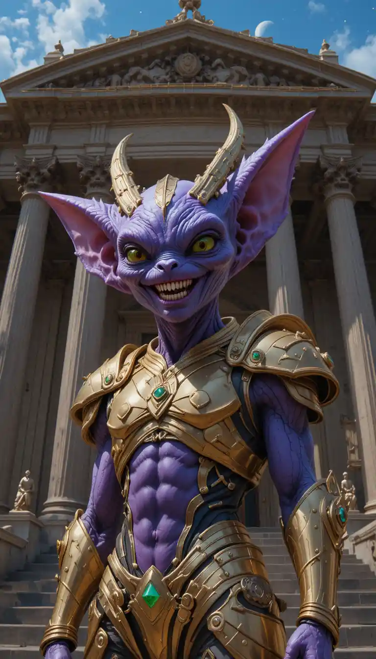 Armored purple alien standing before grand columned building