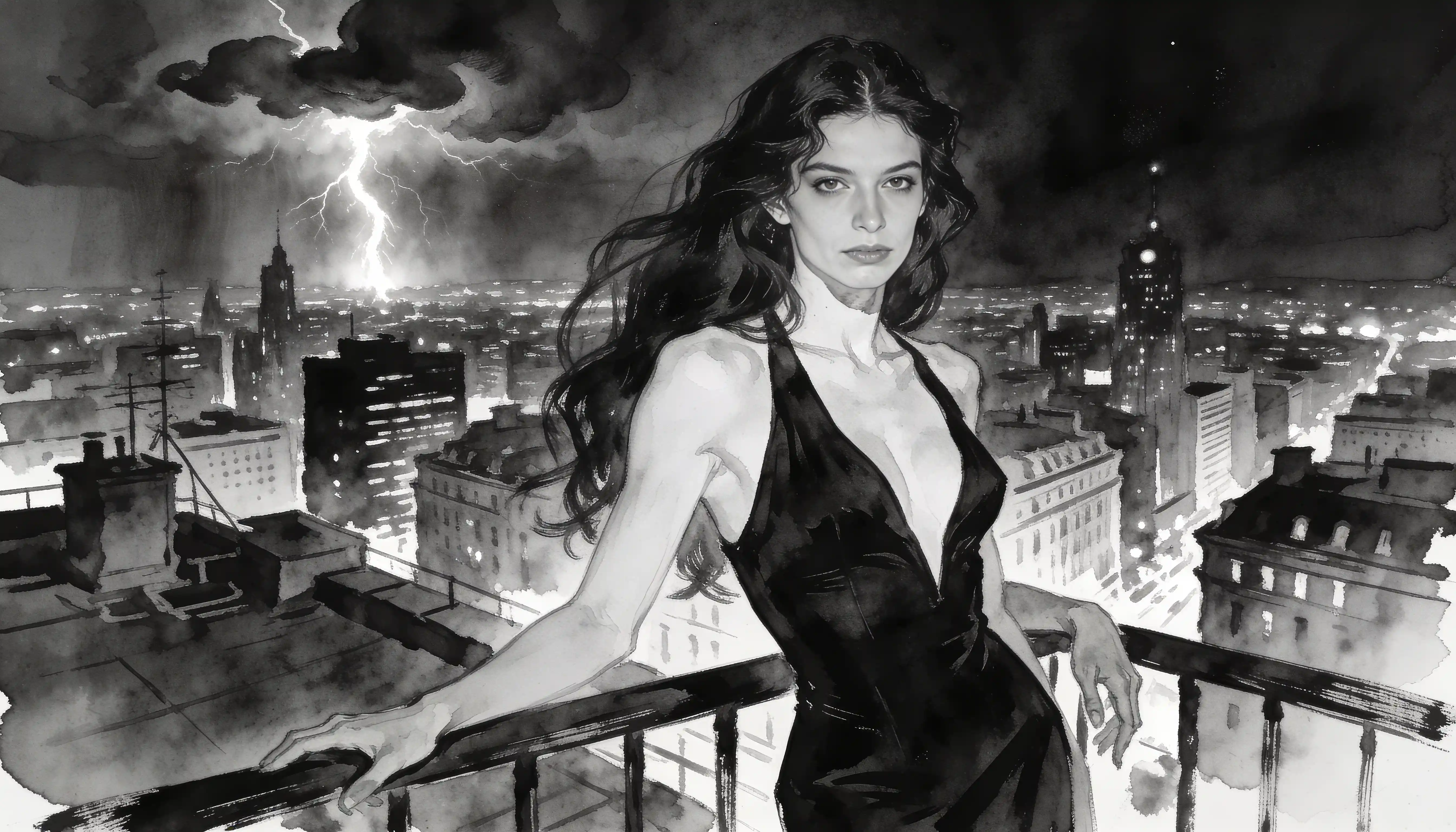 Mulher elegante em um terraço urbano em arte monocromática dramática