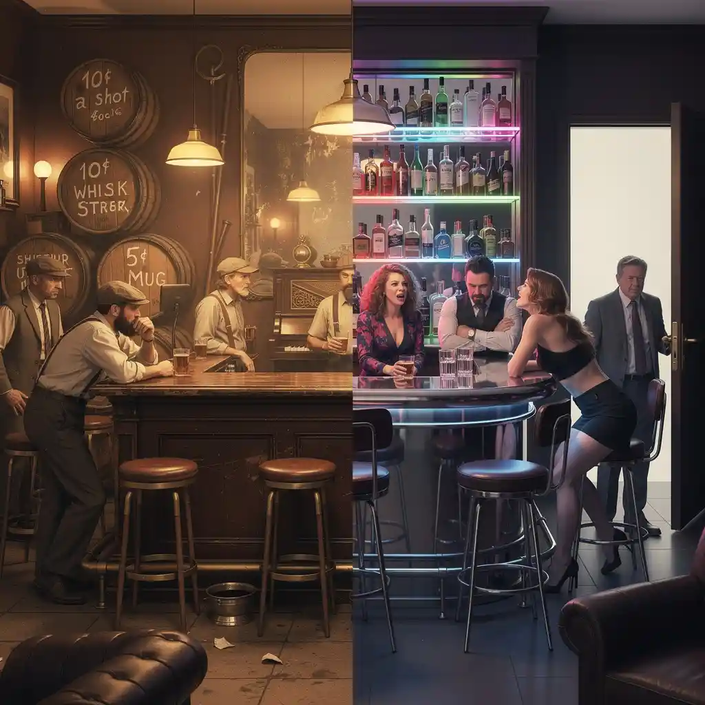 Early twentieth century men gathered in a simple bar interior