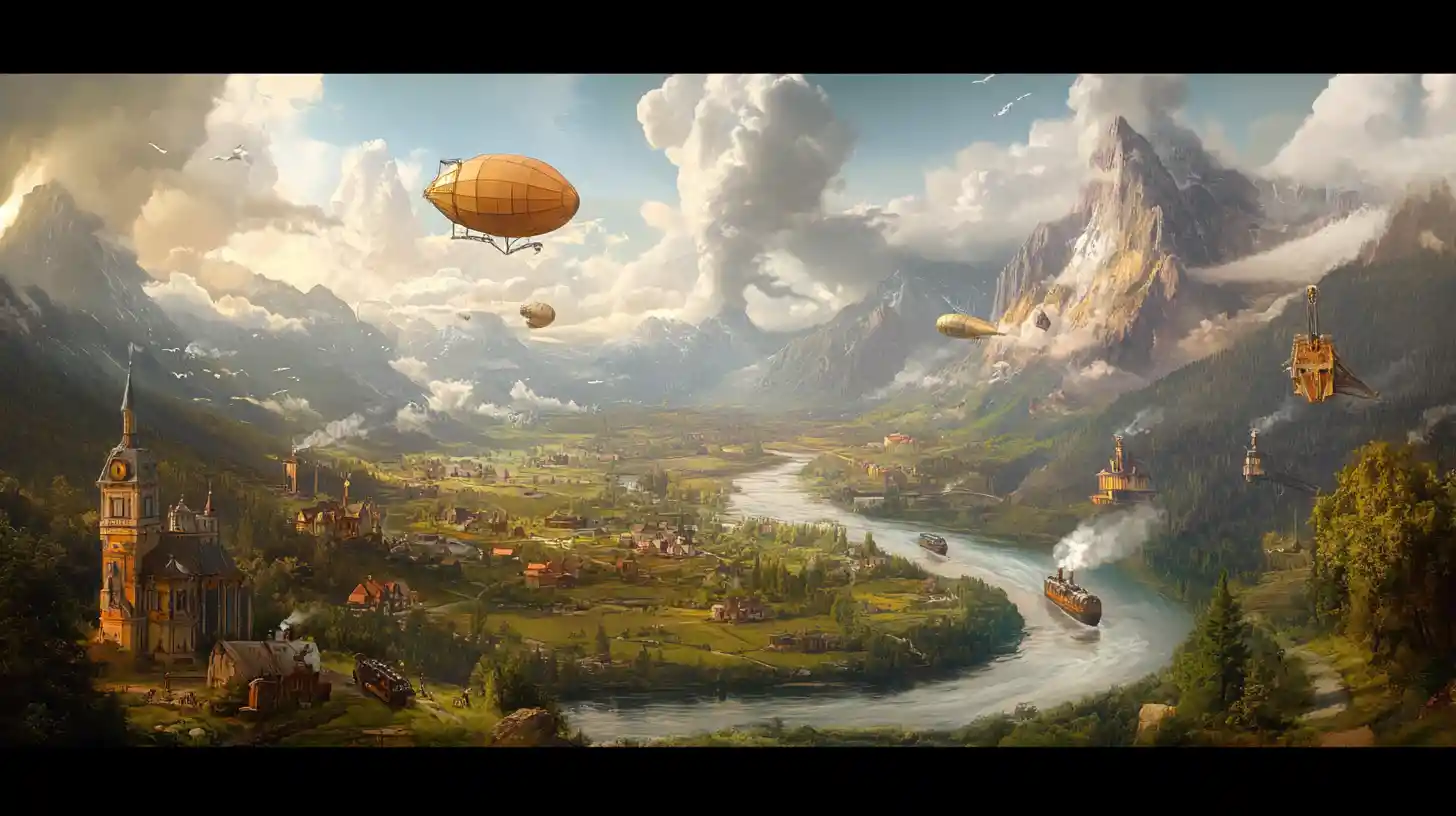 Valle Steampunk con Dirigibili sul Fiume e sul Villaggio