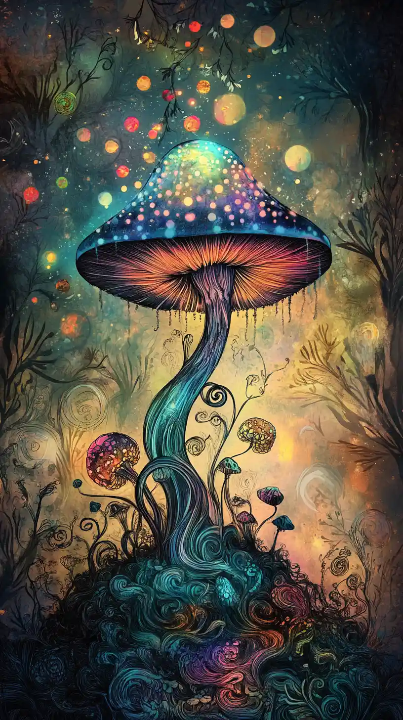 Cogumelo Mágico Brilhante em uma Paisagem Fantástica Surreal