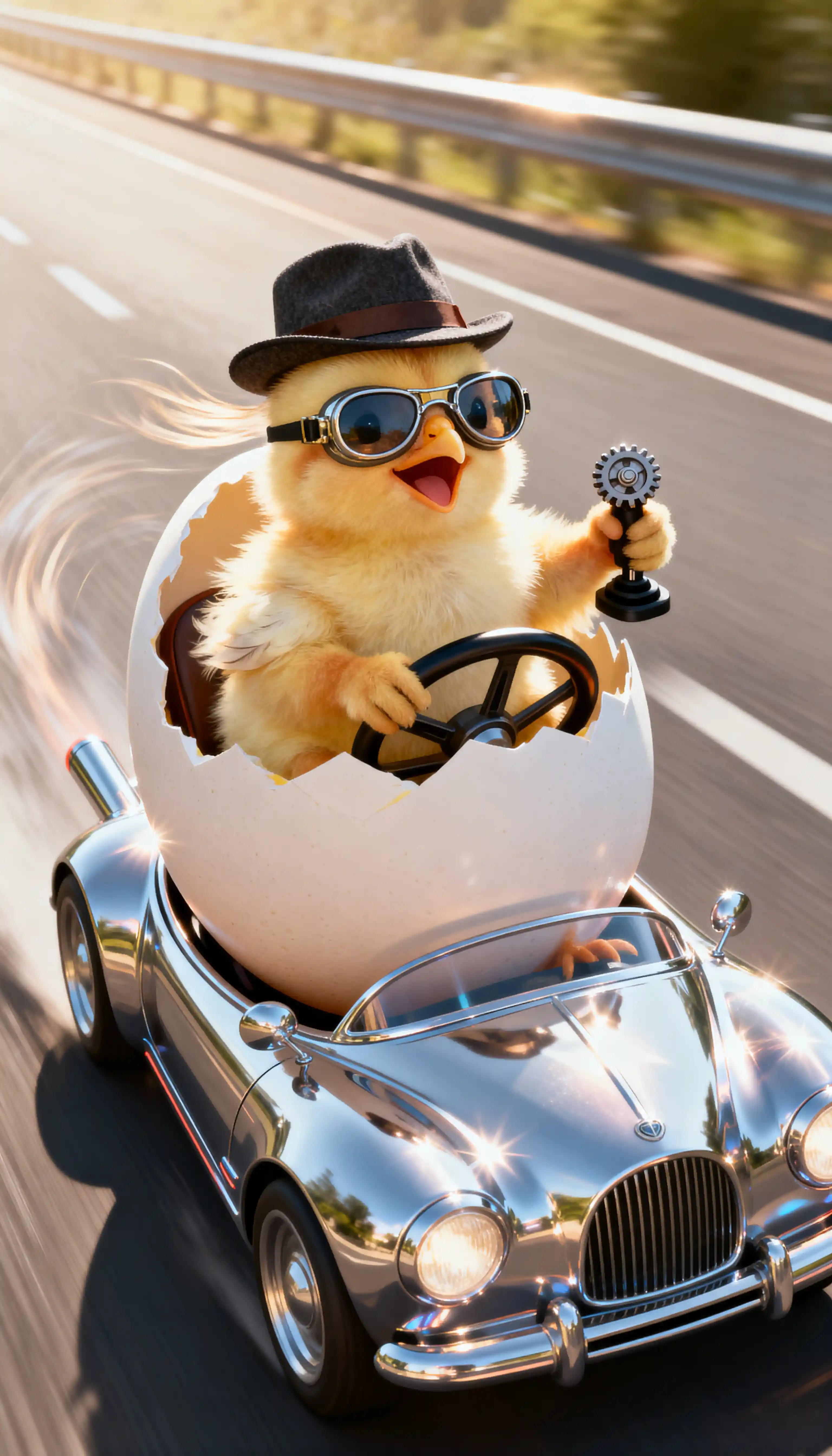 Joyful chick driving a shiny futuristic egg car