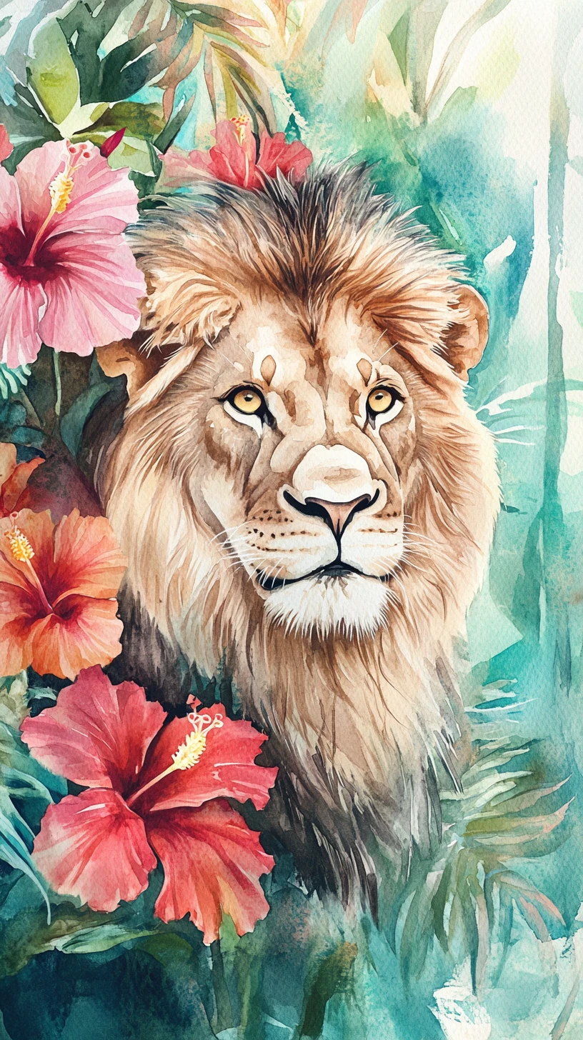 Retrato de leão em aquarela com flores tropicais de hibisco