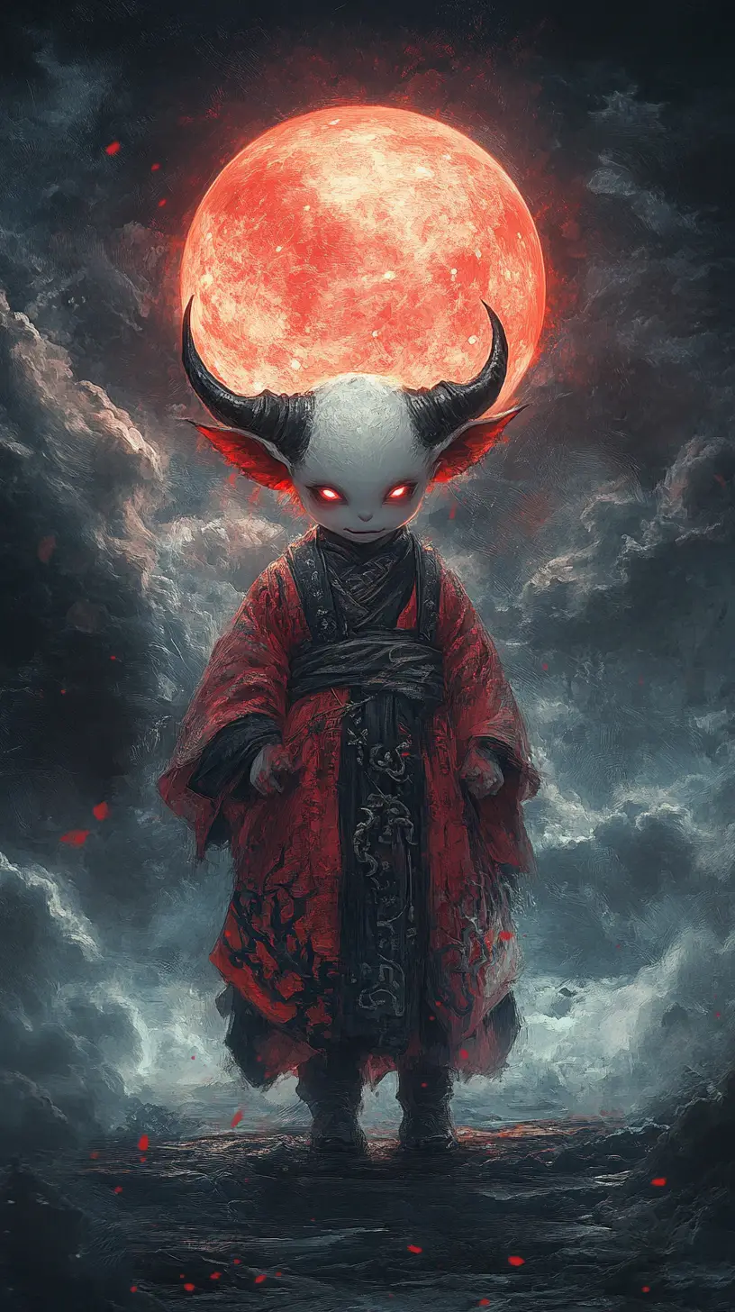 在發光紅月下漂浮的Q版惡魔嬰兒