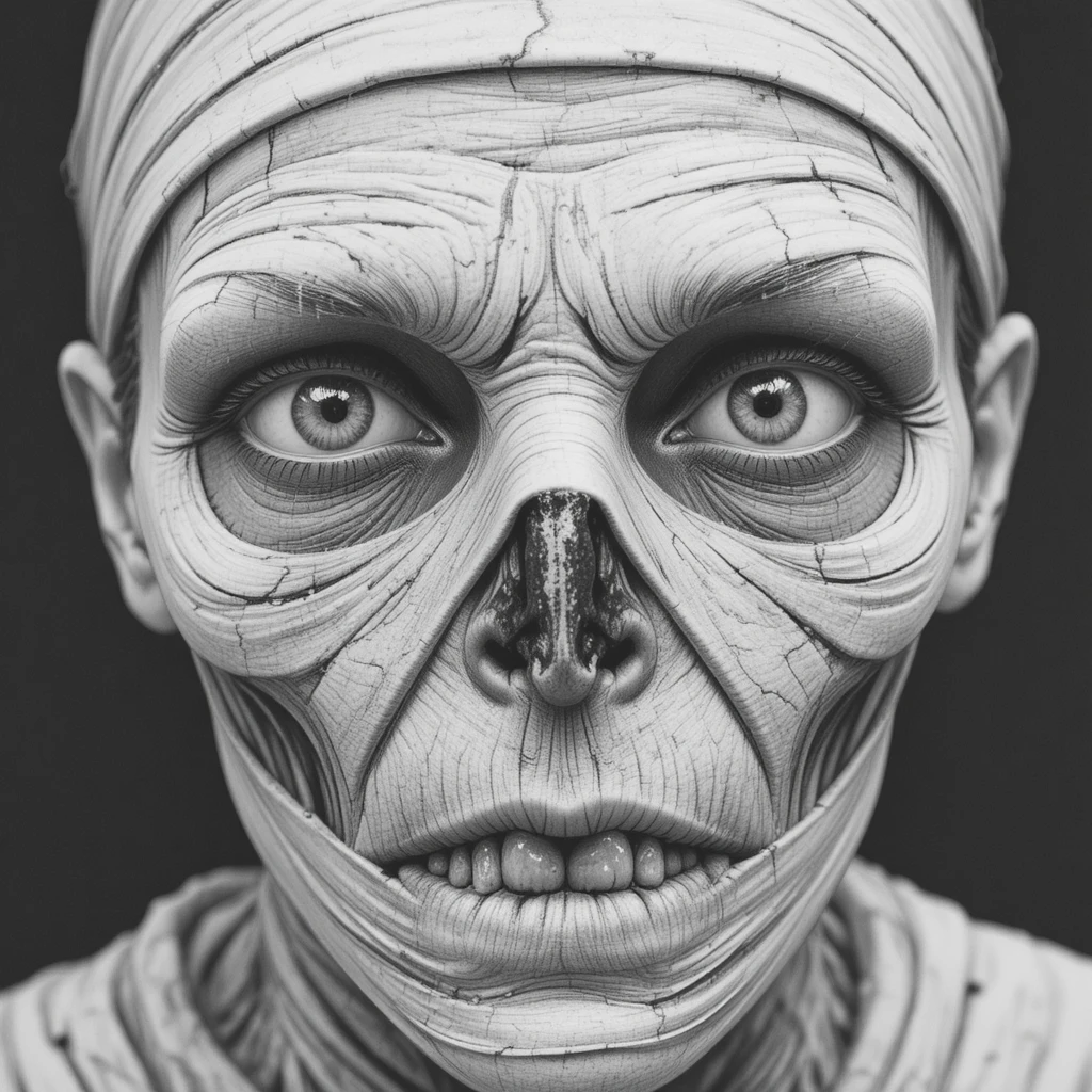 Desenho a lápis em close de um rosto de múmia com olhos assombrados