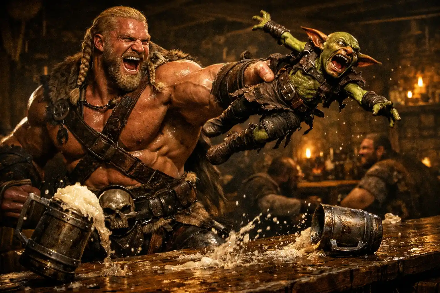 Bárbaro rindo arremessa um goblin por cima do balcão da taverna