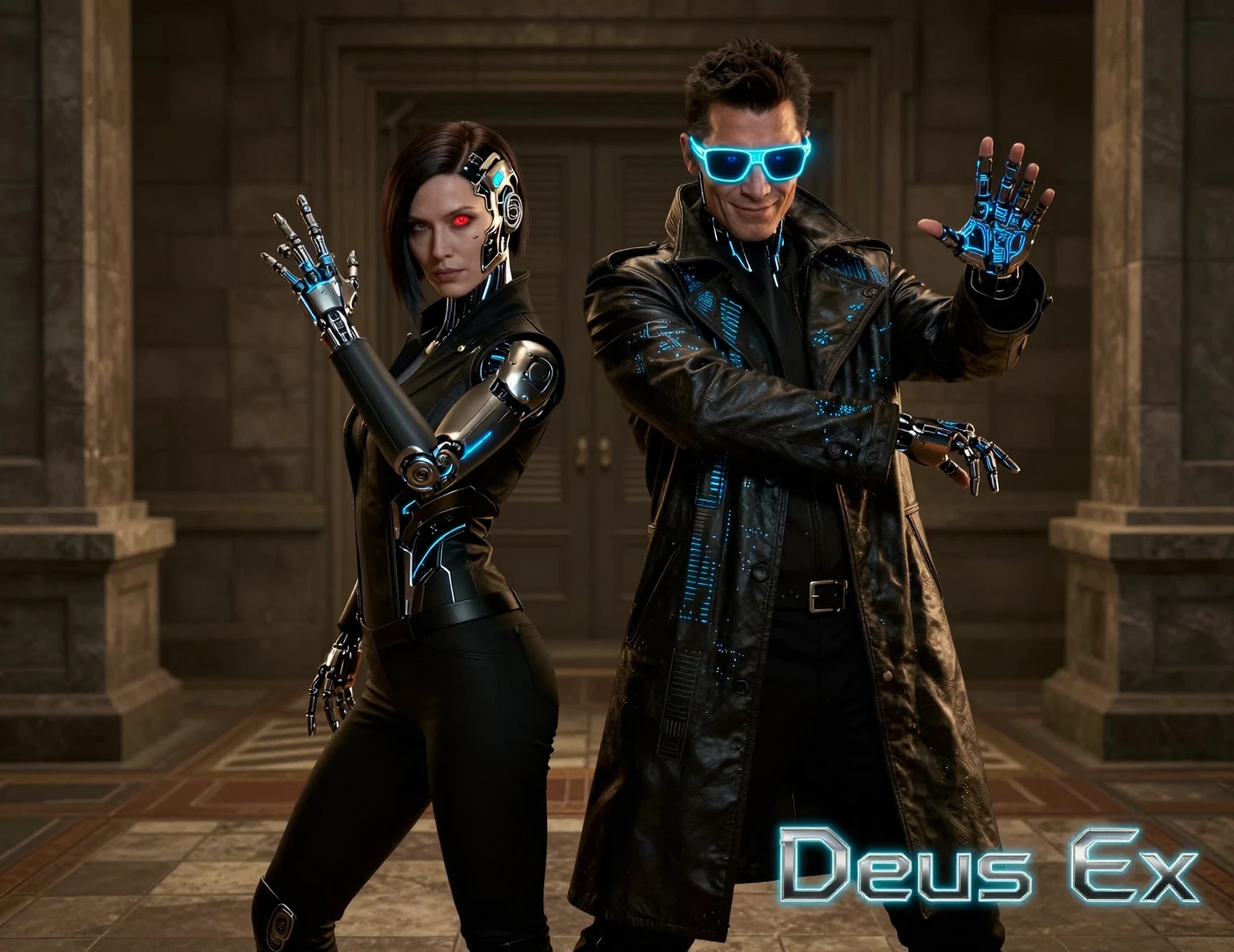 Augmented cyborg woman facing viewer in dim stone corridor