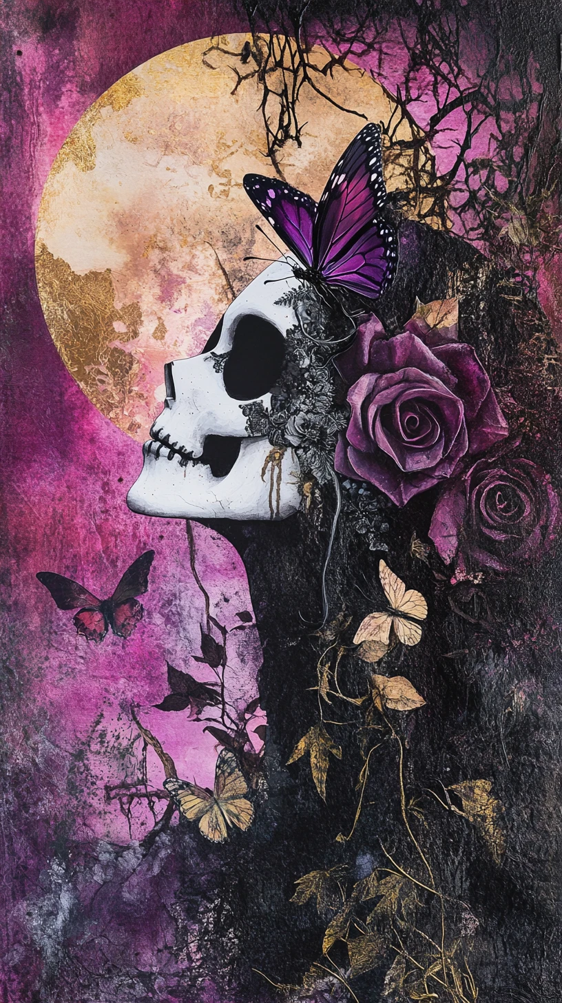 Collage surréaliste de crâne avec masque papillon et roses sombres