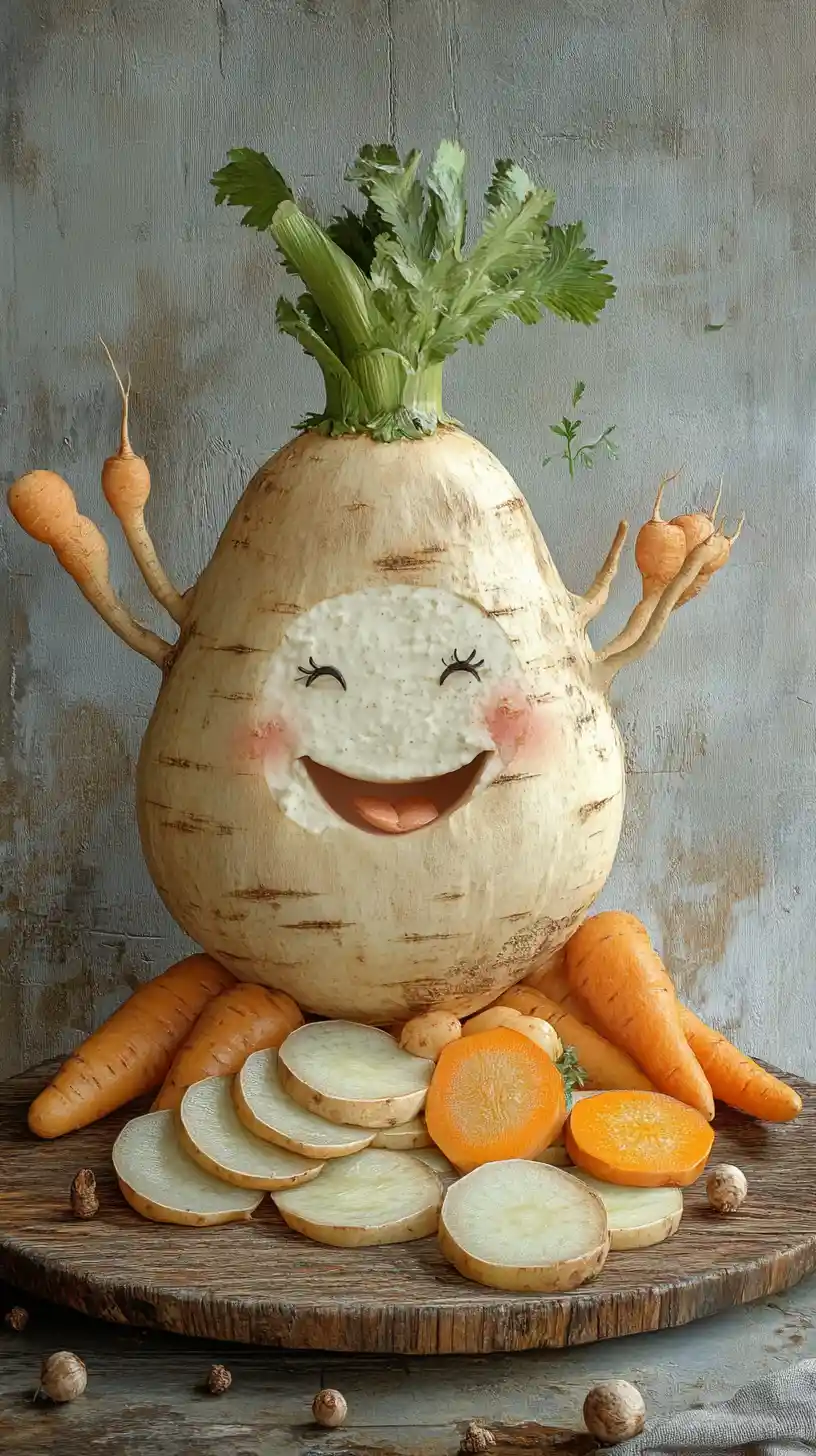 Whimsical still life of smiling vegetables on wooden plate