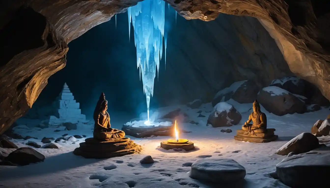 Figures divines près d’un shivling lumineux dans une grotte glacée