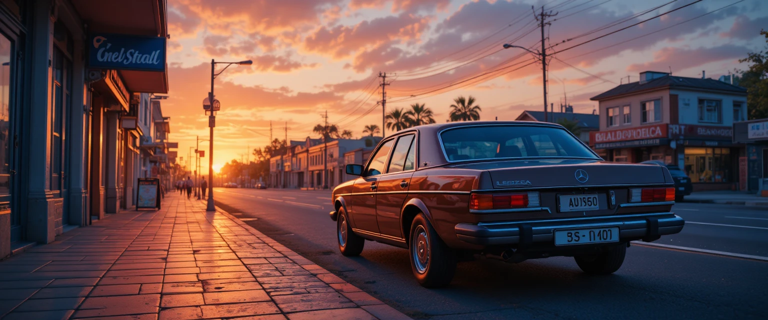 Carro Mercedes antigo estacionado em rua de azulejos ao pôr do sol