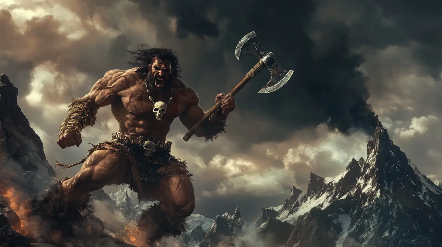 Guerreiro bárbaro musculoso investe em uma batalha tempestuosa