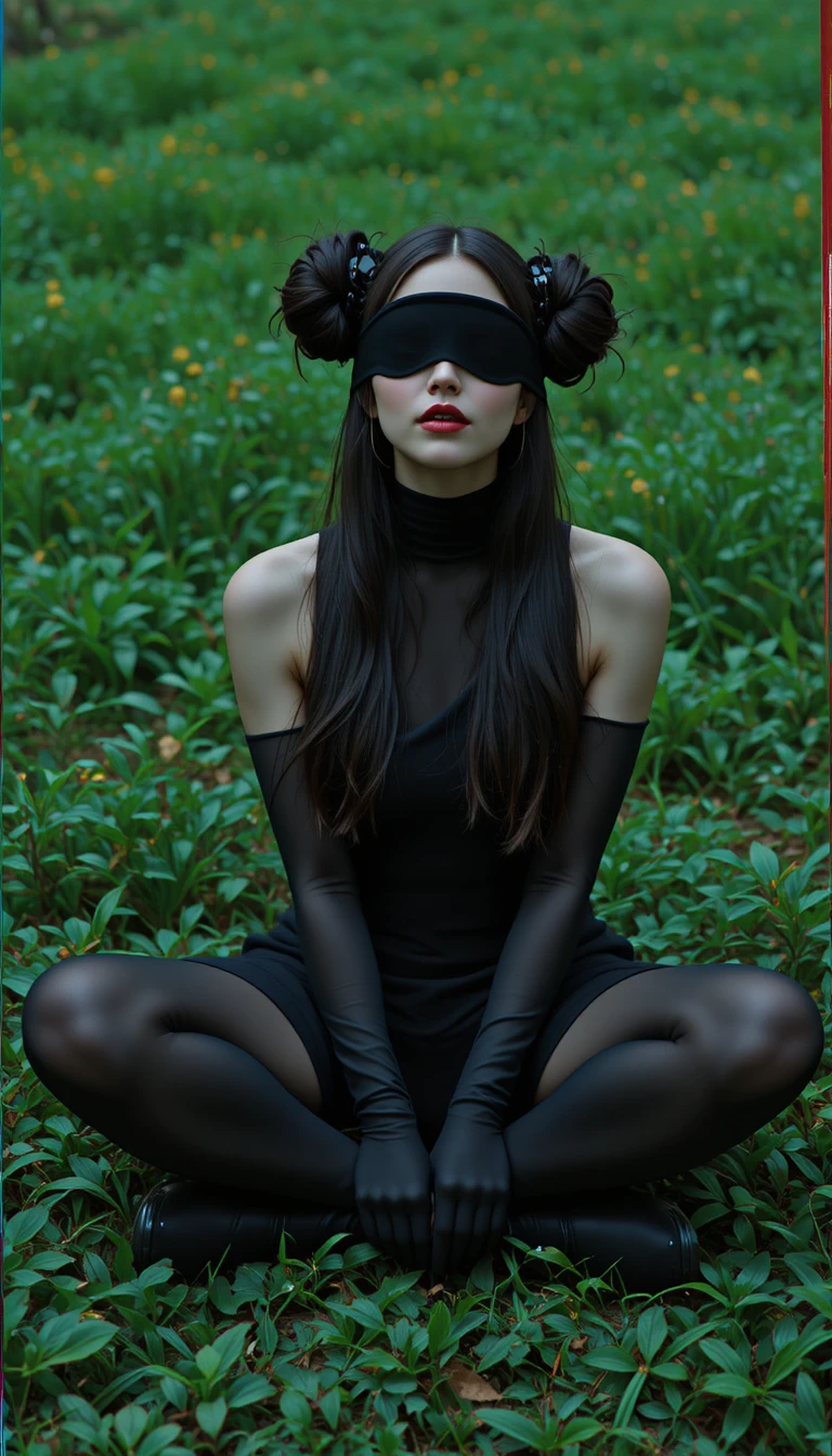 Femme fashion aux yeux bandés assise dans une herbe verte et luxuriante