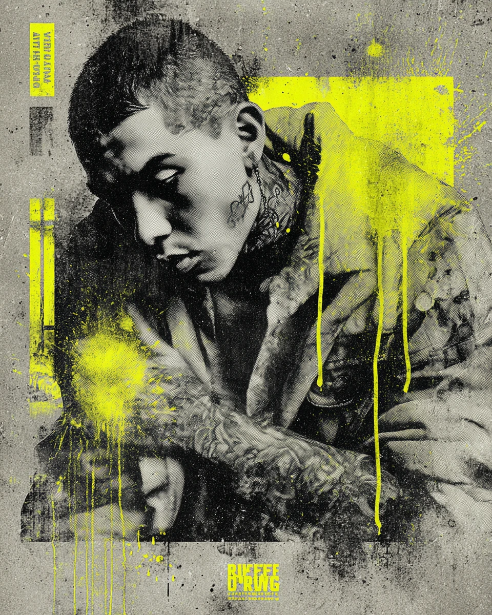Póster vintage de streetwear con hombre tatuado y salpicaduras de neón