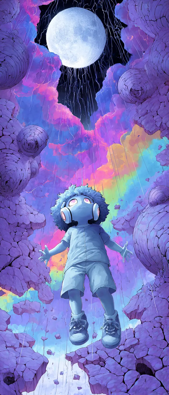 Bambino anime che fluttua tra lune di vinile crepate nello spazio