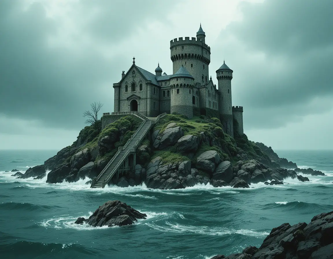 Forteresse en mer orageuse sur île rocheuse en aquarelle