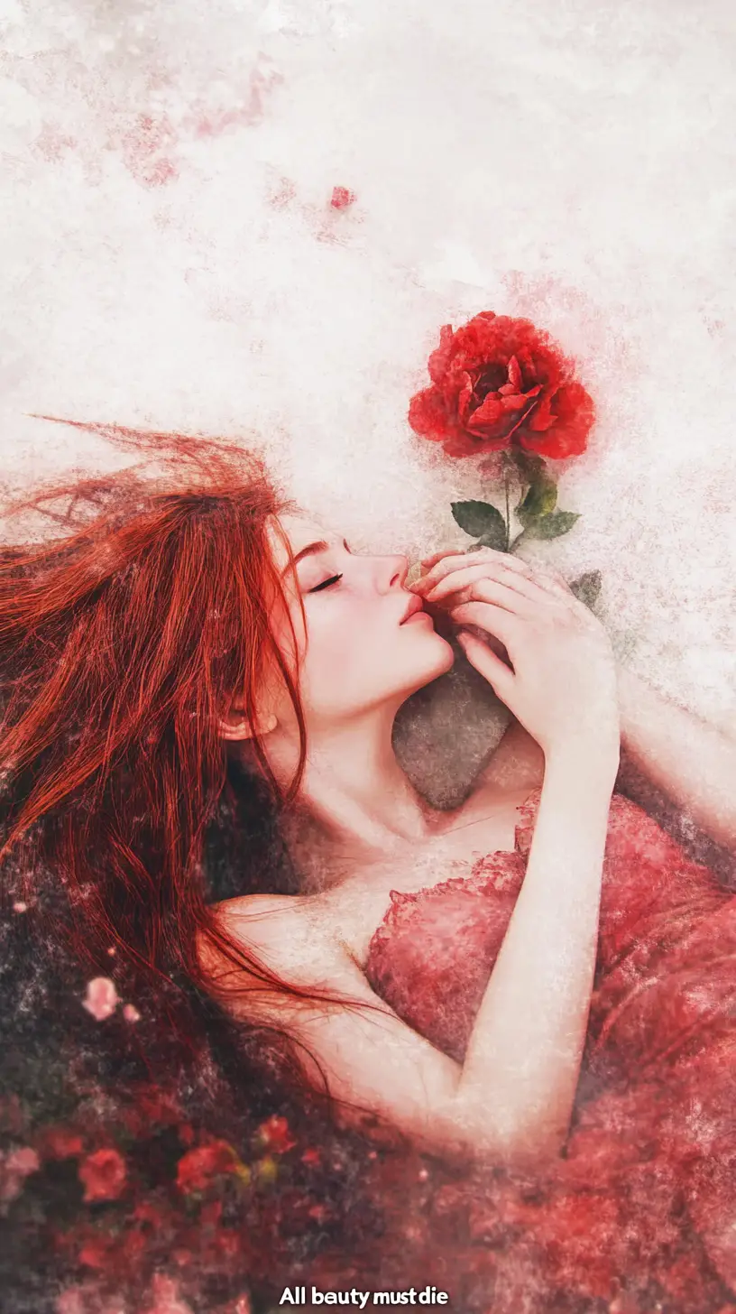 Donna distesa su una tranquilla riva del fiume con una rosa
