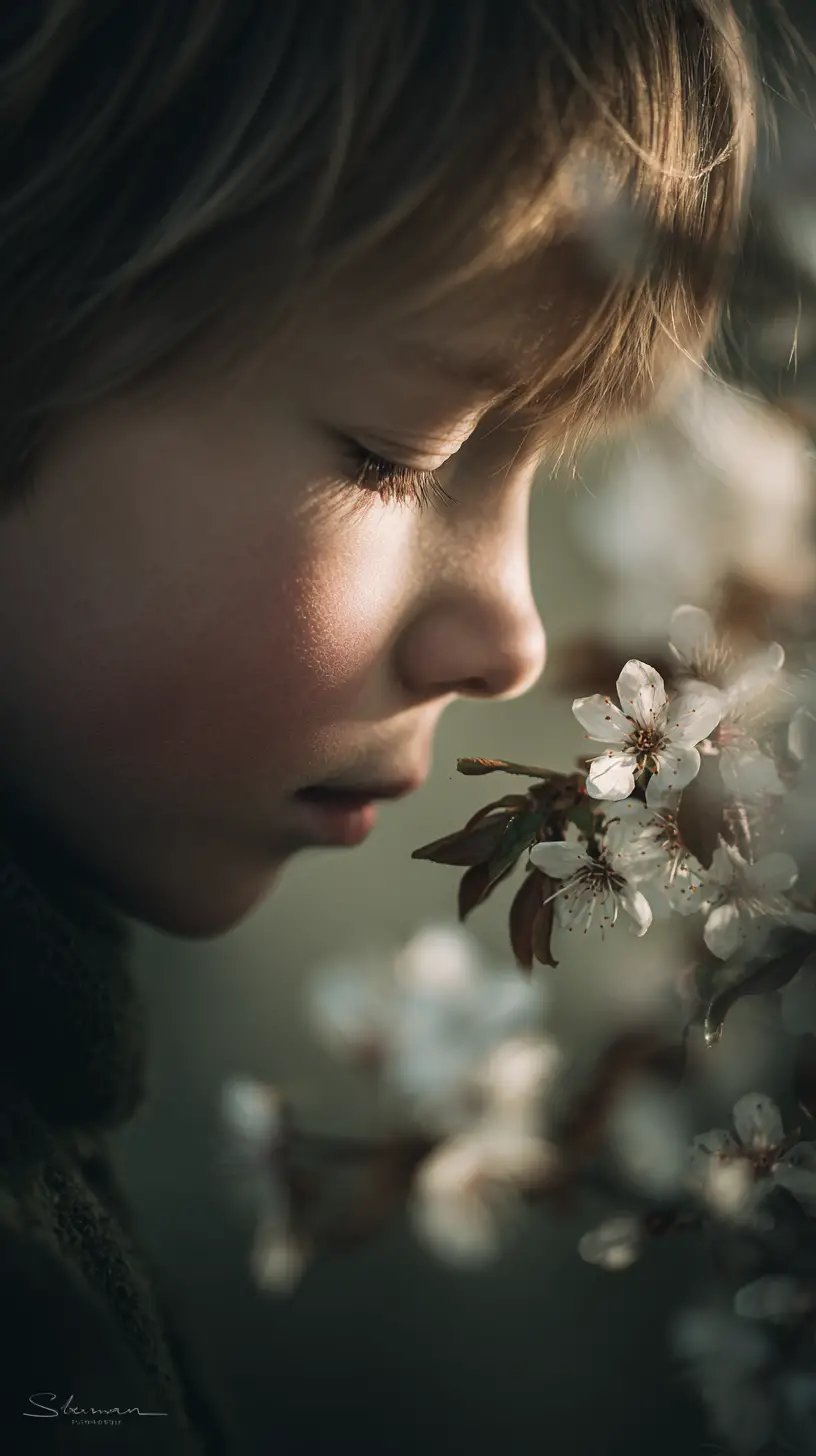 柔和光線中伸手觸碰花朵的空靈少年