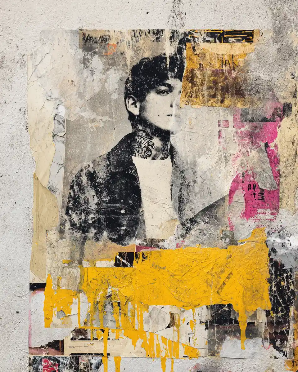 Vintage streetwear portrait in gritty collage poster style