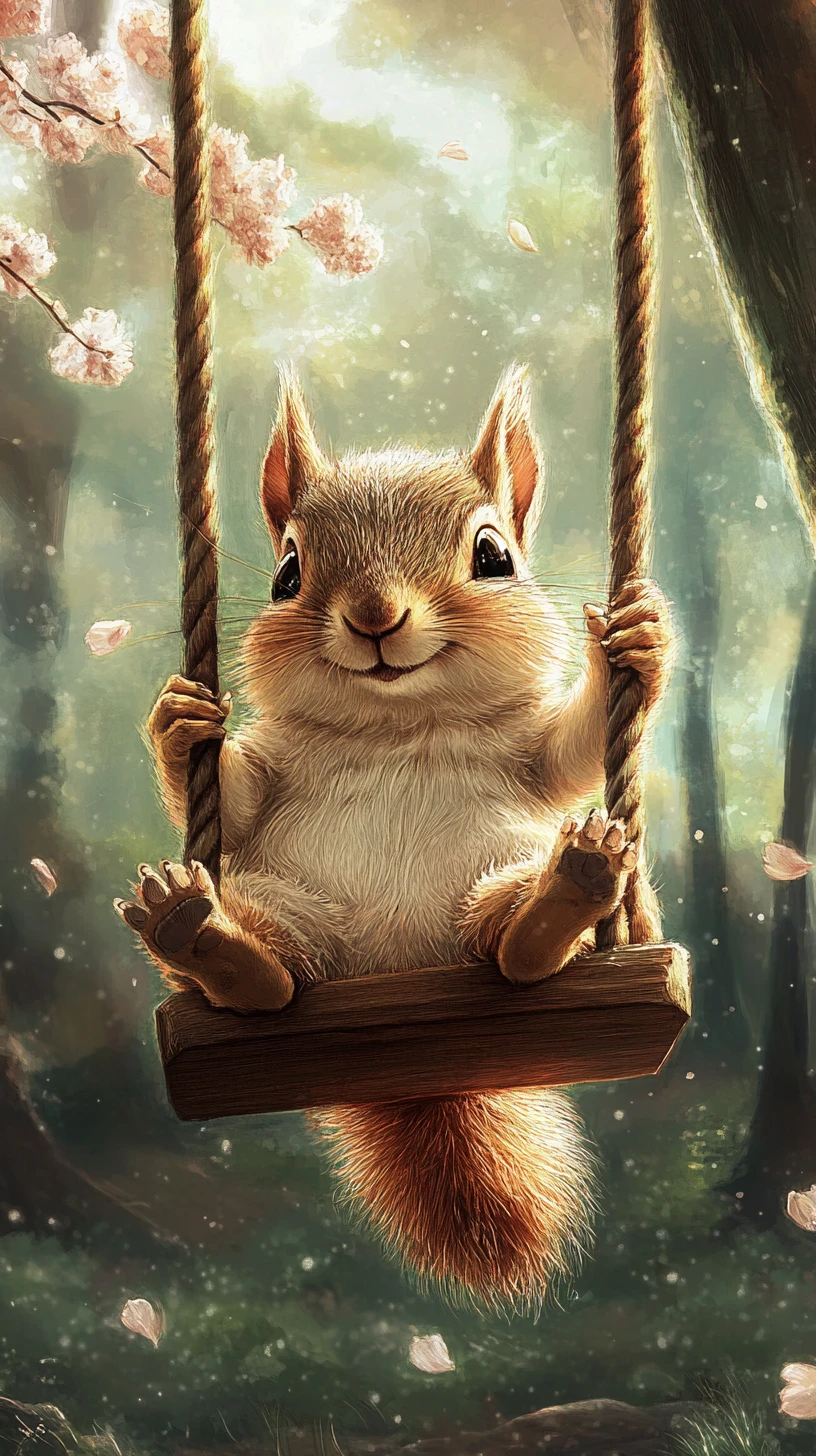 Esquilo fofo em um balanço em uma floresta dos sonhos – ilustração