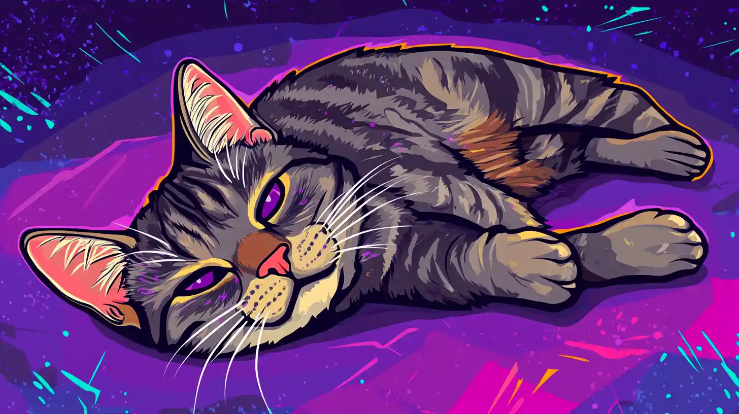 Chat Tigré Grognon de Dessin Animé Allongé dans une Galaxie Néon