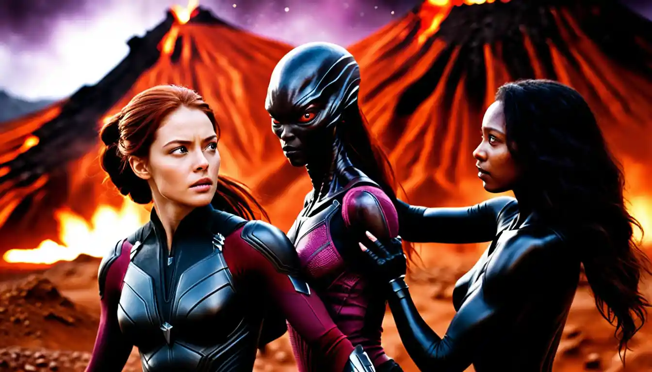 Two heroic women on an alien crater under a violet sky
